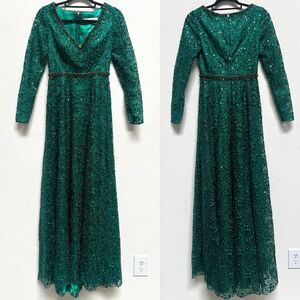 Mac Duggal RARE Emerald V Neck Jeweled Long Sleeve Dress Size 2